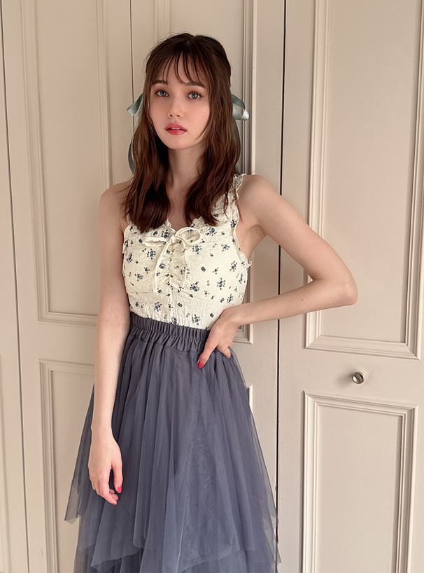 カップ付き小花柄シワ加工リボンタンクトップ[dk1244] | レディース