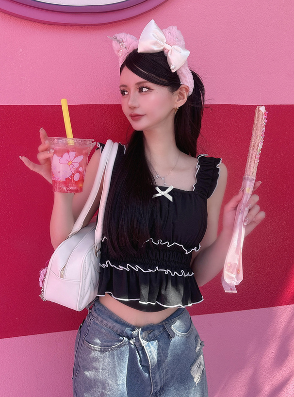 カップ付きメロウフリルリボンタンクトップ[dk1427] | レディース