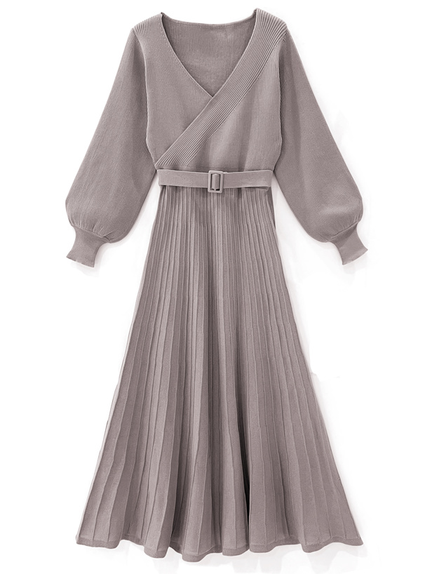 ベルト付きカシュクールプリーツニットワンピース[dr467] | レディース