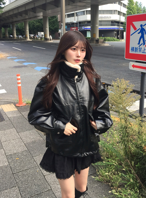 ファーティペット付き襟2Wayレザードロストブルゾン[fo2184