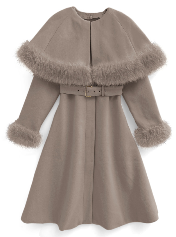 ハート模様リボンつきファーケープ＆ファーベレー帽 セット サックス