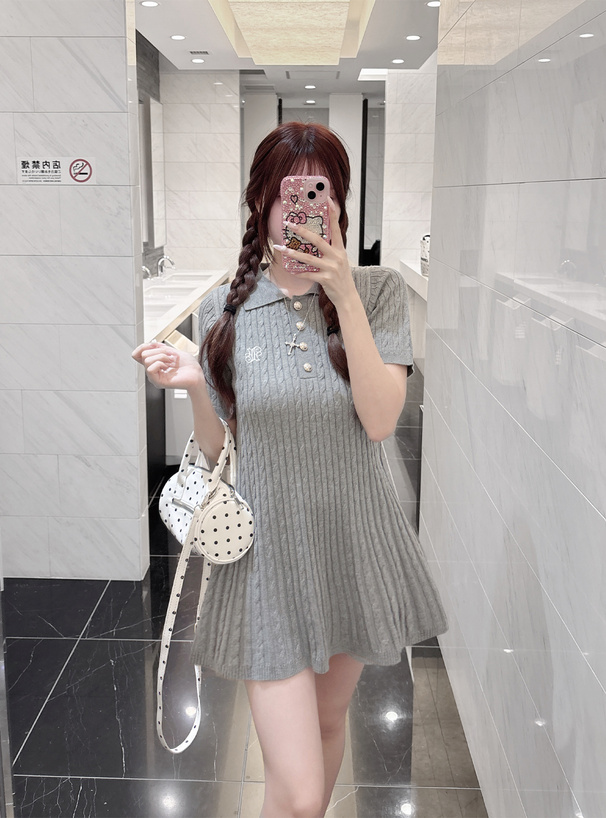 ケーブル編みロゴ刺繍ポロニットミニワンピース[kz684] | レディース