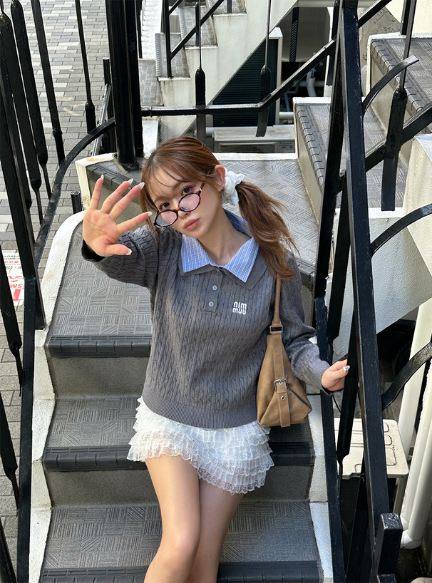 チェック柄シャツレイヤード風ケーブルポロニットトップス[kz717