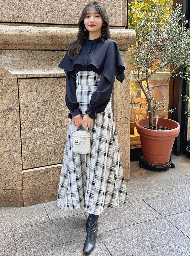 チェック柄 ケープコート クリーム色 チェック柄 ケープコート