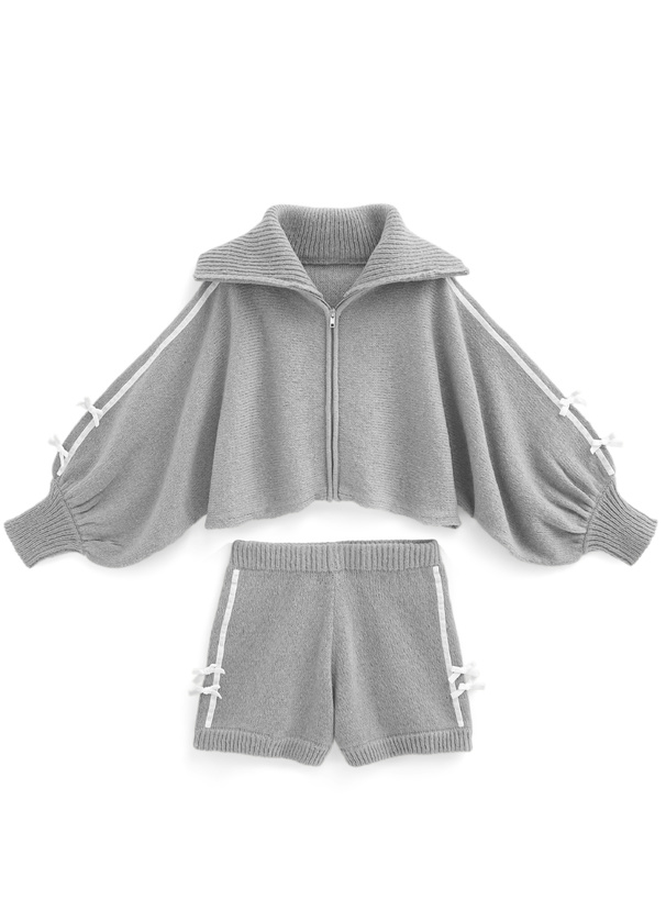 リボンラインジップブルゾン×ショートパンツニットセットアップ[lt51