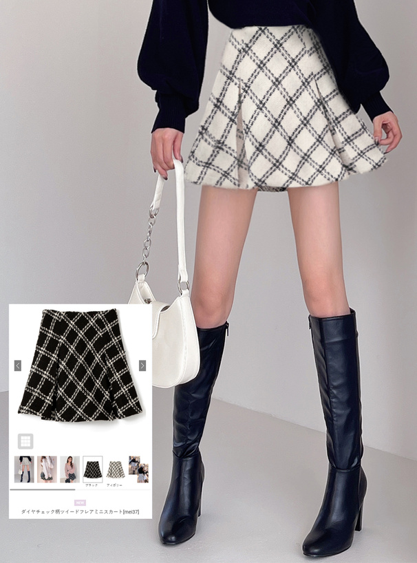 ダイヤチェック柄ツイードフレアミニスカート[mei37] | レディース