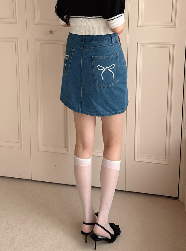 インパン裏地付きバックリボン刺繍デニムミニスカート[nh151