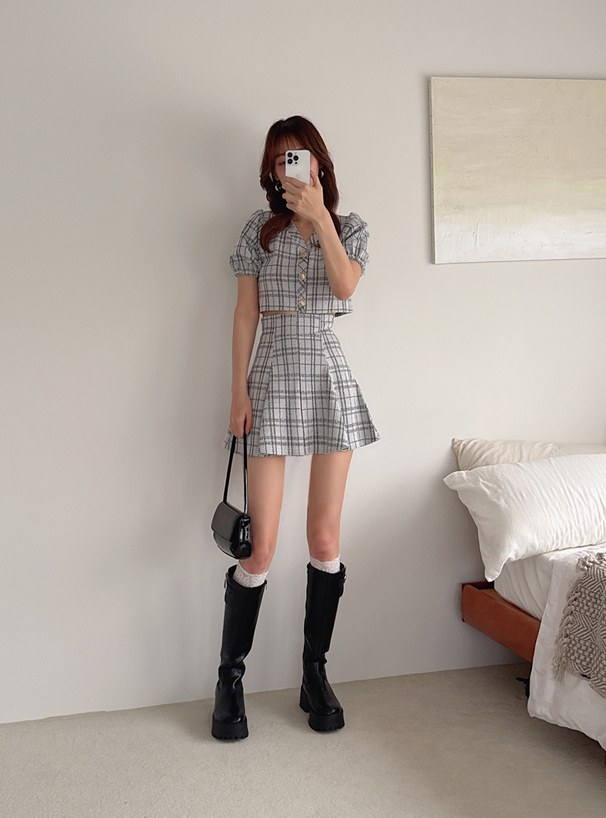 カーディガン×ミニスカートチェック柄ツイードセットアップ[sm246