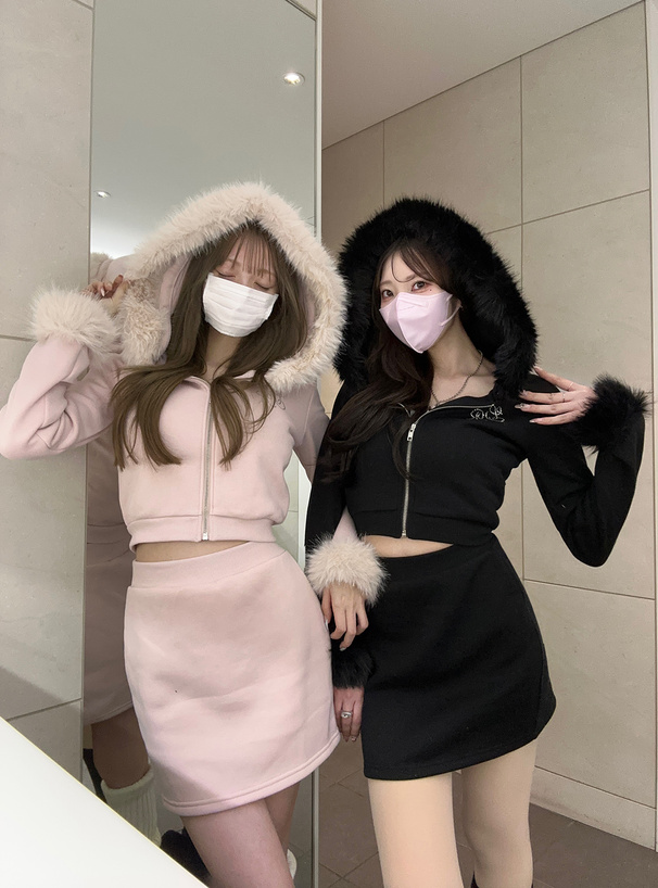 ファー付きパーカー×ミニスカートスウェットセットアップ[pm413