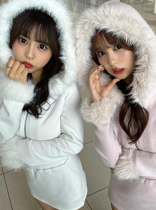 ファー付きパーカー×ミニスカートスウェットセットアップ[pm413
