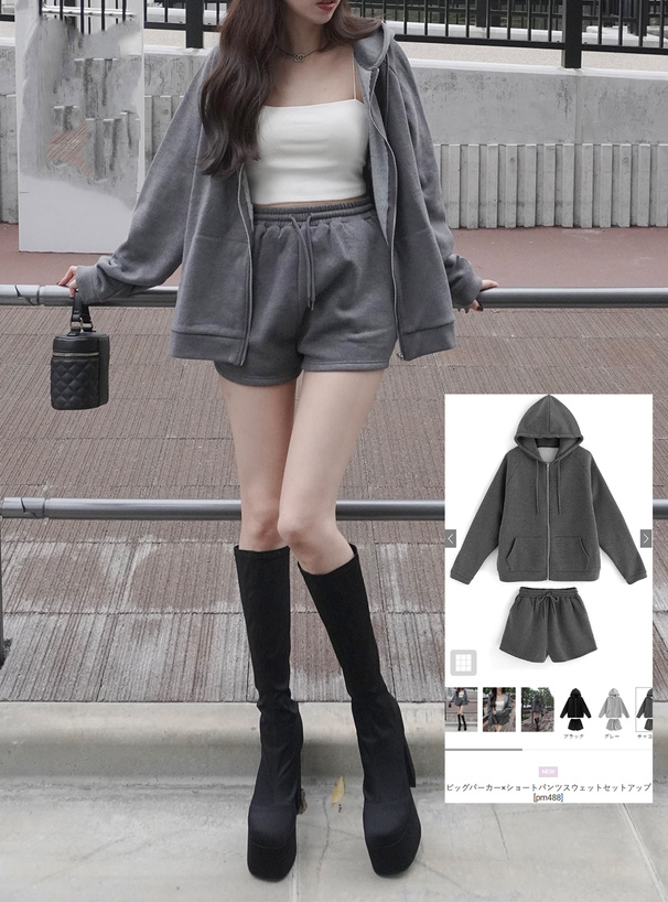 ビッグパーカー×ショートパンツスウェットセットアップ[pm488