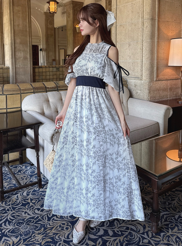 オープンショルダーリボン花柄フレアワンピース[pm586] | レディース