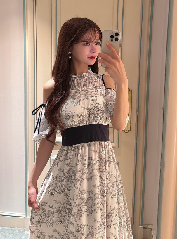 オープンショルダーリボン花柄フレアワンピース[pm586] | レディース