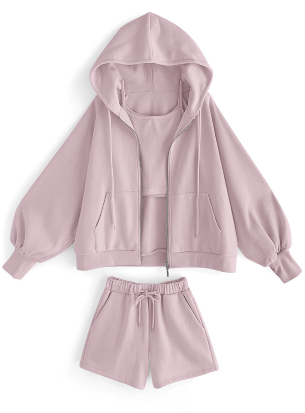 キャミソール×パーカー×ショートパンツ裏起毛スウェットセットアップ