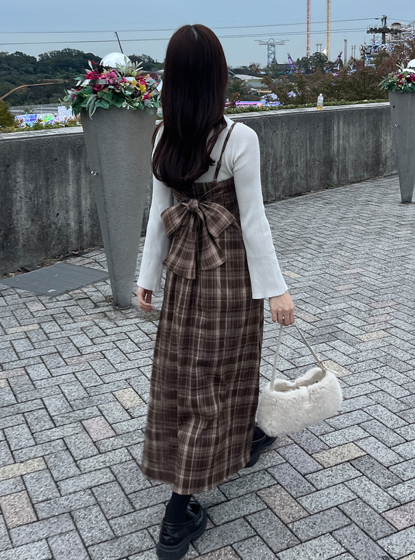 チェック柄バッグリボンロングワンピース[pu41] | レディース