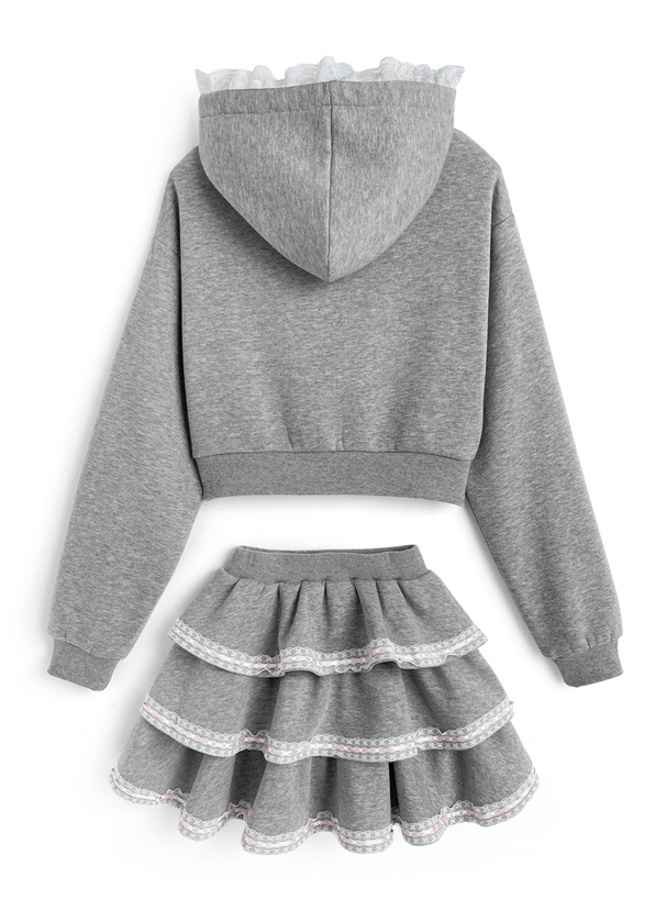 リボンレースパーカー×ティアードミニスカートスウェットセットアップ