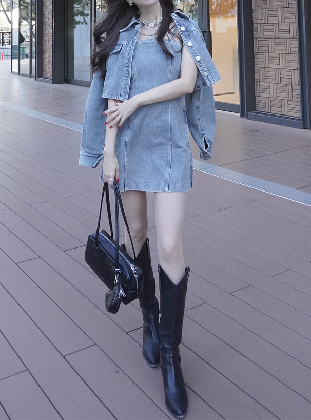 ショート丈ジャケット×ミニワンピースデニムセットアップ[ta211