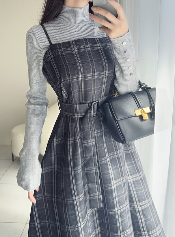 ルミニョン レイヤードチェックベルトドレス キャメル ルミニョン