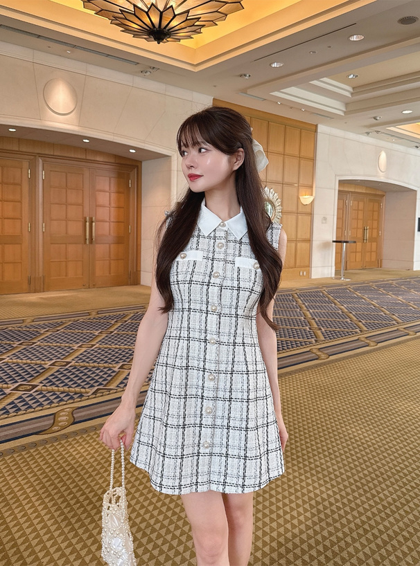 配色襟ツイードチェック柄ノースリーブミニワンピース[tg882