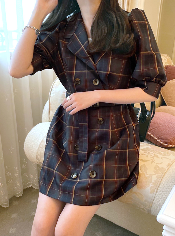 ベルト付きチェック柄パフスリーブミニワンピース[tu423] | レディース