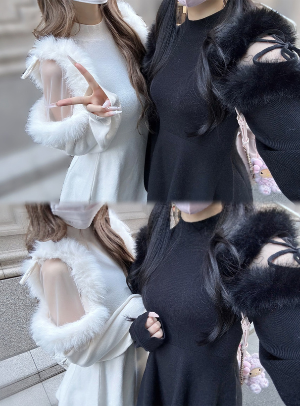 チュールショルダーファーフレアニットミニワンピース[tu1477