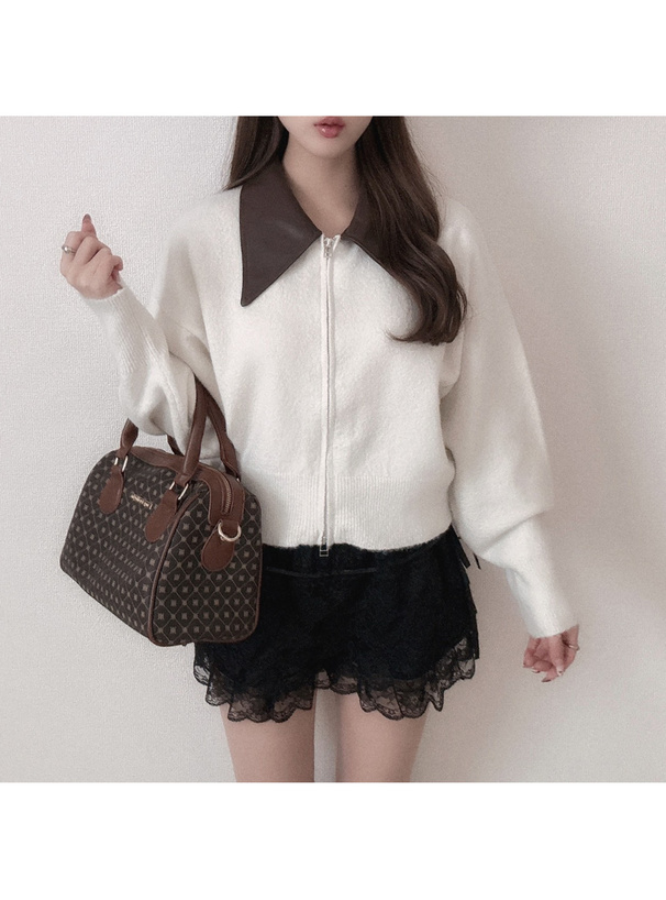 レザーカラーダブルジップニットトップス[tu1521] | レディース