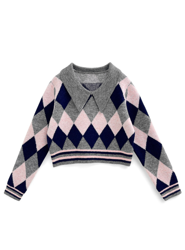 アーガイル柄襟付きニットトップス[uf052] | レディースファッション
