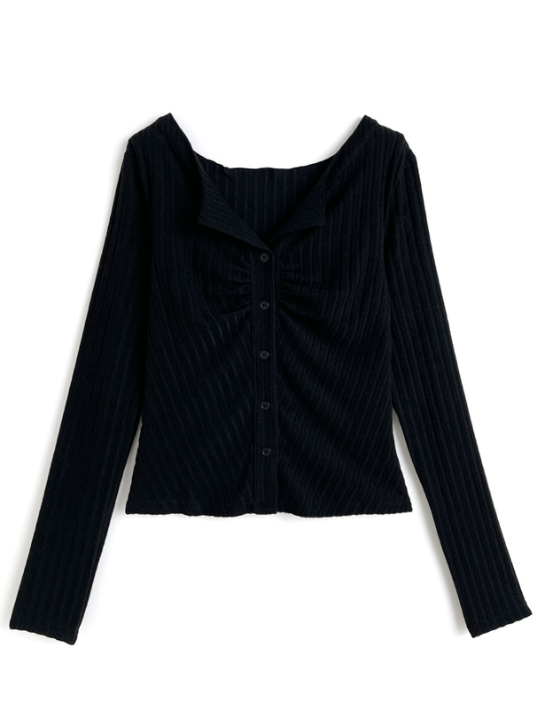 フロントボタンギャザー表起毛リブトップス[yz673] | レディース