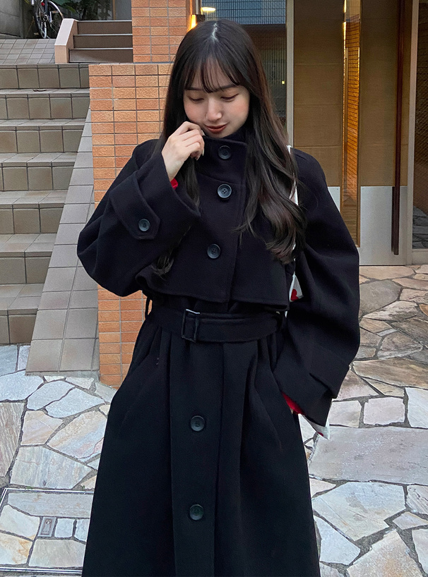 ベルト付きスタンドカラーケープロングコート[ze780] | レディース