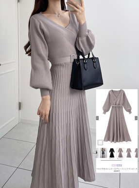 ベルト付きカシュクールプリーツニットワンピース[dr467] | レディース