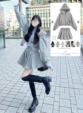 ファーフードパーカー×フレアミニスカートスウェットセットアップ