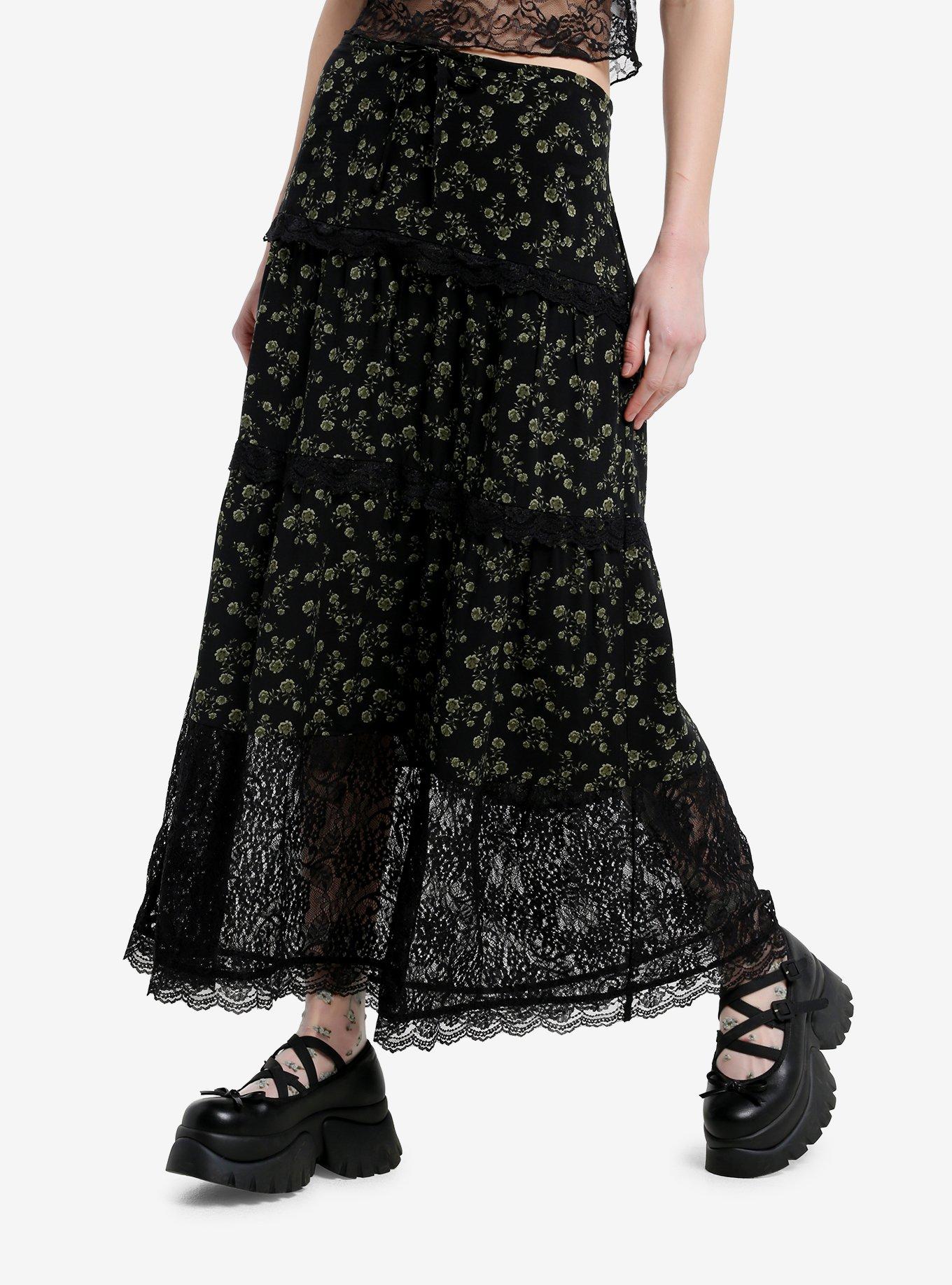 Thorn & Fable Green Flower & Black Lace Midi Skirt | Hot Topic