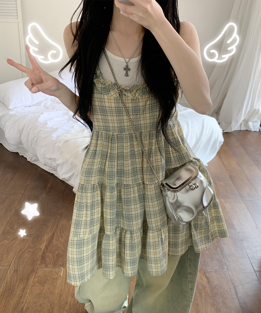 ヴィンテージチェックフリルティアードミニキャミワンピース