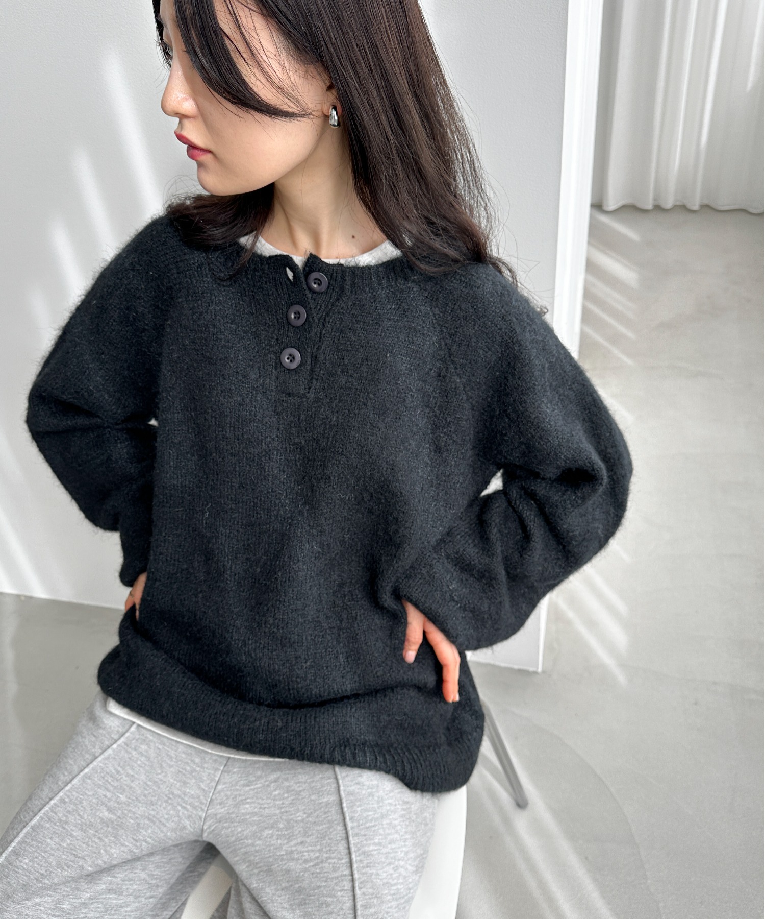 ハンドウォッシャブル】ウール混起毛ヘンリーニット | ファッション