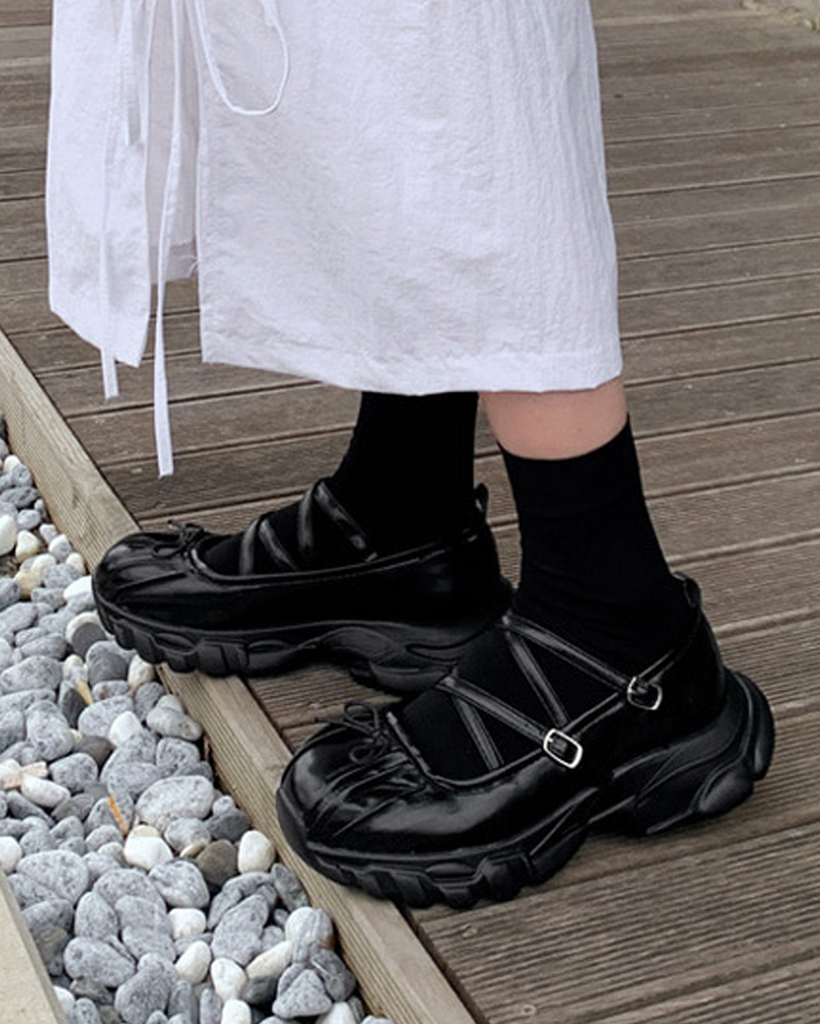 厚底シューズメリージェーンリボン厚底ローファースニーカー(2color