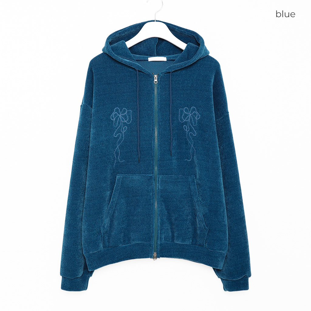 リボンステッチベルベットジップアップパーカー | ファッション通販