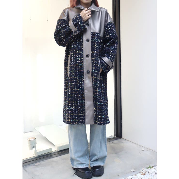 ブロッキングツイードロングコート[品番：MKSW0054630]｜EVRIS