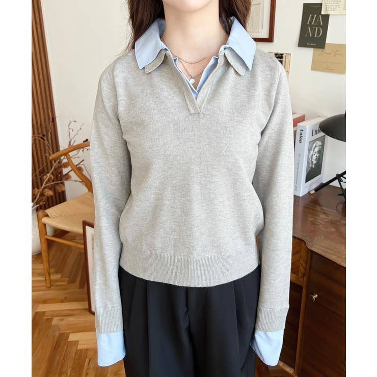 シャツレイヤードライク襟付きポロニットプルオーバー[品番