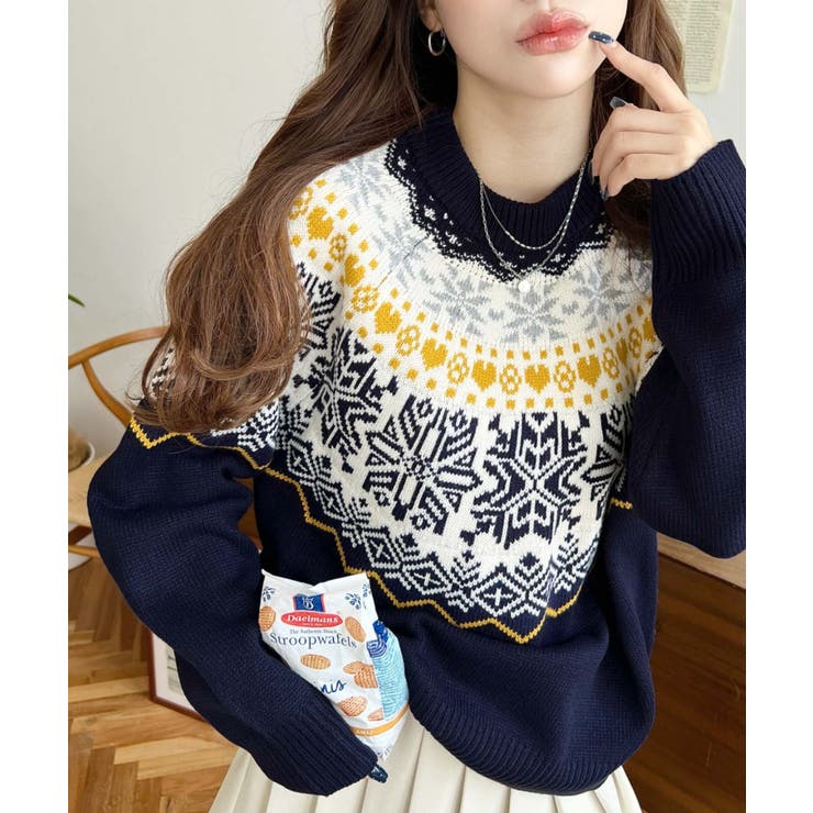 スノーノルディック柄求心Wジャガードニットプルオーバー