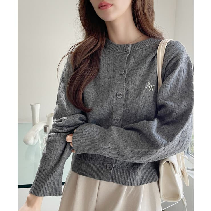 ワンポイント刺繍ロゴ ケーブルニットカーディガン[品番：ORGW0009100