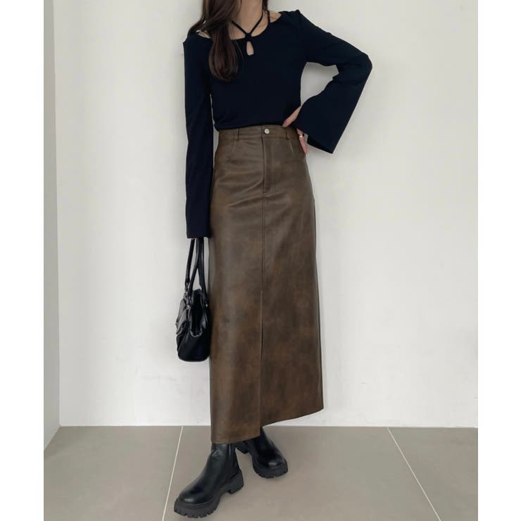 ヴィンテージライク ナロー フェイクレザー スカート[品番