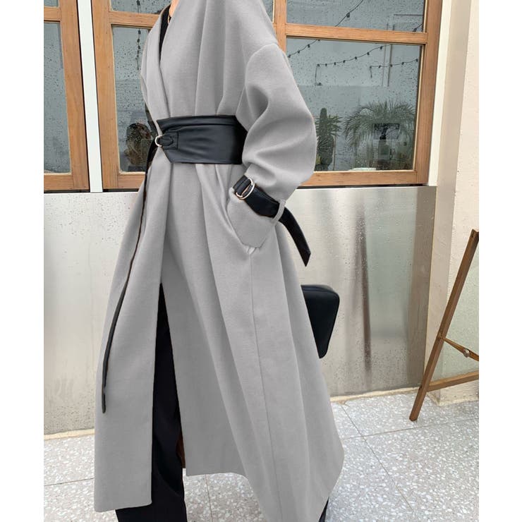 合皮ベルト付きノーカラーロングコート[品番：ABIW0000580]｜Diosfront