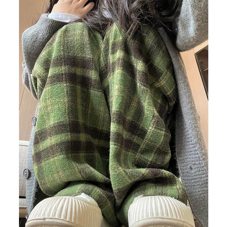 チェック柄パンツハイウエストワイドパンツ[品番：AGCW0006100