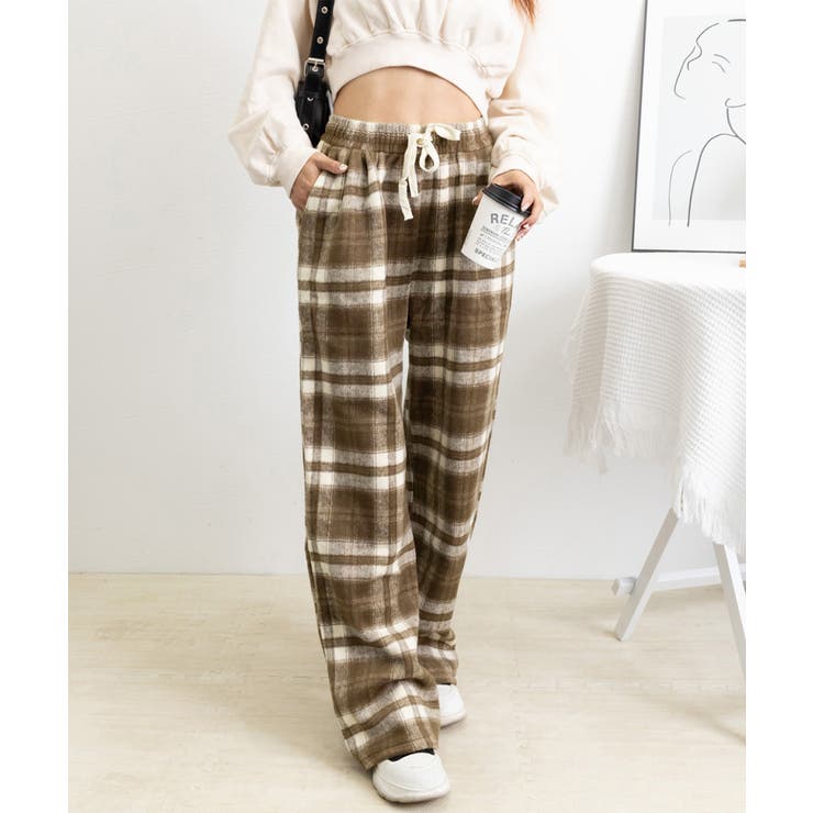 チェック柄パンツハイウエストワイドパンツ[品番：AGCW0006100