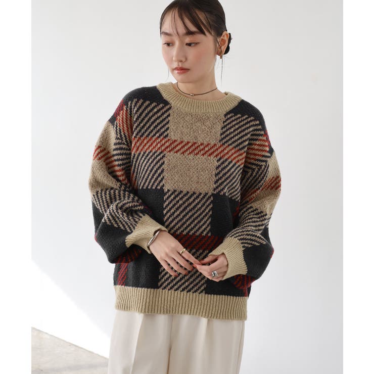 モヘアライク チェックジャガード ニットトップス[品番：AZ000004500