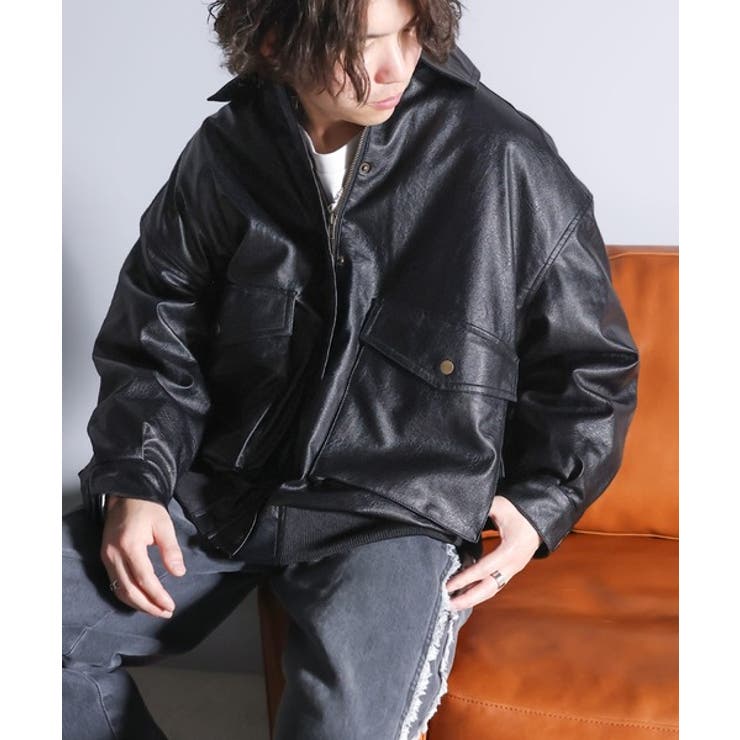 JaVaジャバ コラボ》フェイクレザーブルゾンポケット付き長袖[品番