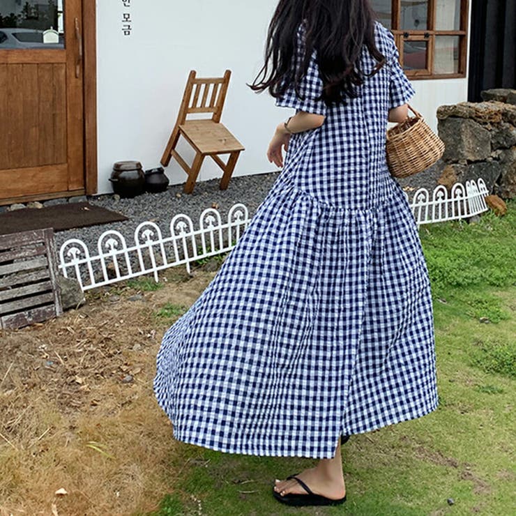 レディース ワンピース ギンガムチェック半袖ワンピース[品番