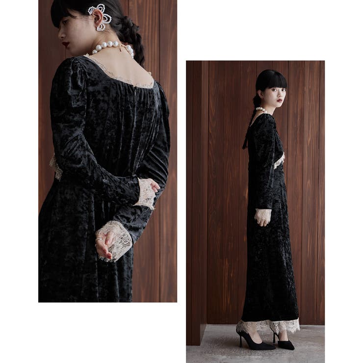 etoll エトル クラッシュベロアランジェリー風ドレス[品番