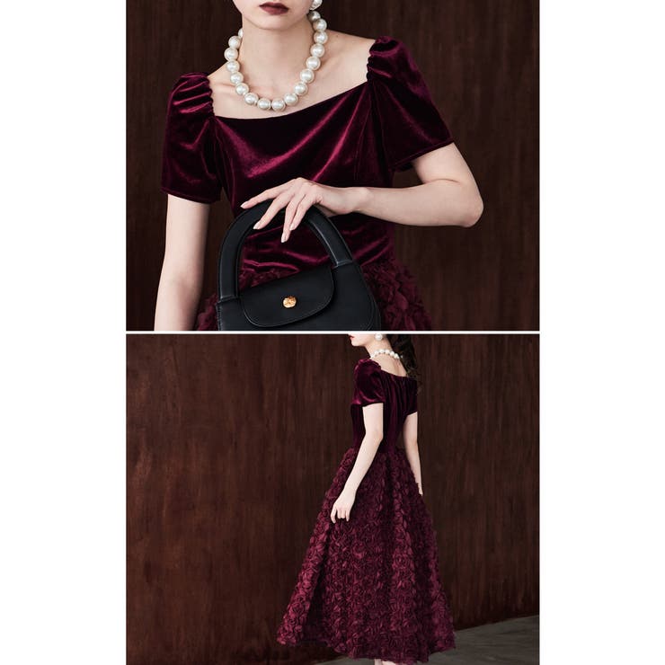 etoll エトル ベロアロゼットフレアドレス[品番：FT000010311