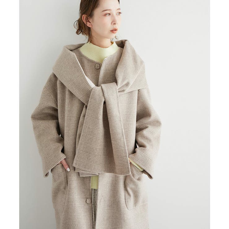 ウール混ストール付き配色リバーコート[品番：RPCW0023934]｜ROPE